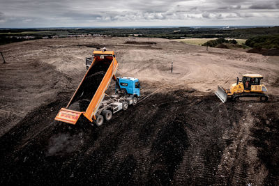 High angle view of tractor on field