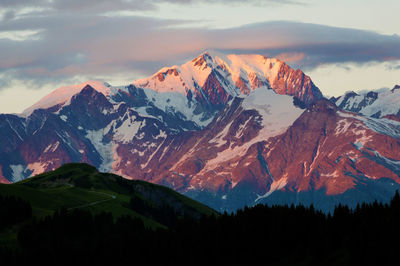 Scenic view of snowcapped mountains against sky during sunset