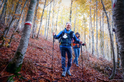 Hikers in the beech forest during the autumn season