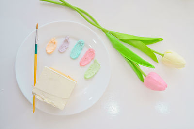 High angle view of food in plate on table