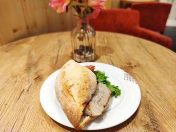 High angle view of food served on table