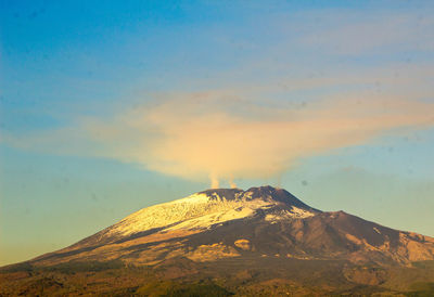 Scenic view of snowcapped mountain against sky during sunset