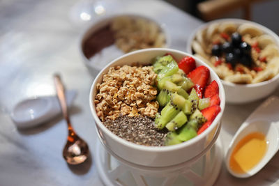 Close-up of breakfast served on table