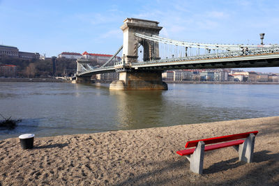 Szechenyi chain bridge over river against sky