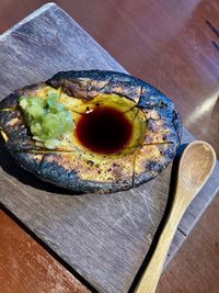 High angle view of breakfast on table