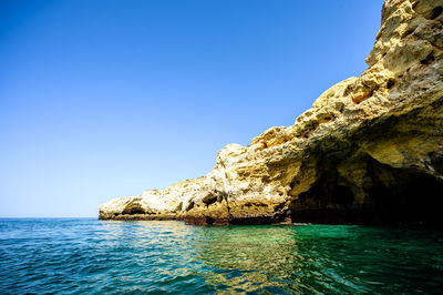 Scenic view of sea against clear blue sky