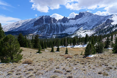Scenic view of snowcapped mountains against sky