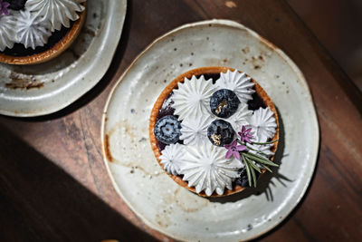 High angle view of dessert on table