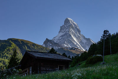 Scenic view of snowcapped mountains against clear sky