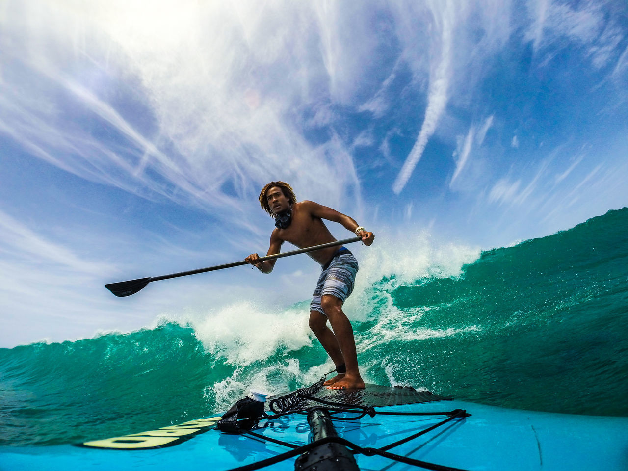 leisure activity, water, lifestyles, full length, sky, mid-air, adventure, men, jumping, mountain, cloud - sky, sea, balance, extreme sports, holding, nature, arms outstretched, day