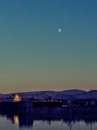 Scenic view of river against clear sky at sunset