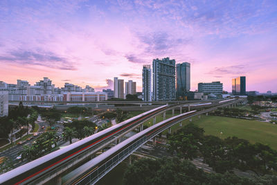 Panoramic view of city buildings against sky during sunset