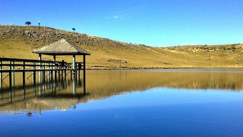 Scenic view of lake against clear blue sky