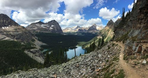 Panoramic view of lake and mountains against sky