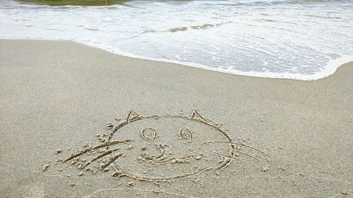 High angle view of footprints on sand at beach