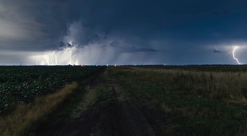 Panoramic view of field against sky at night