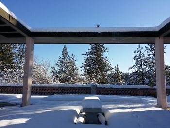 Snow covered landscape against clear blue sky