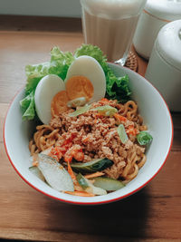 High angle view of food in plate on table