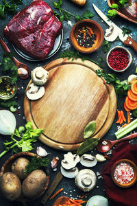 High angle view of various vegetables on table