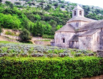 Abandoned temple in field