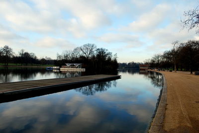 Scenic view of calm lake against cloudy sky