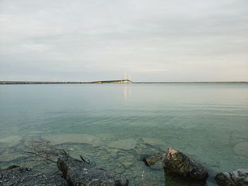 Scenic view of bay against sky