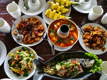 High angle view of meal served on table