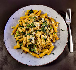 High angle view of food in plate on table