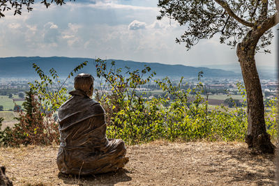 Rear view of man sitting by plants against sky