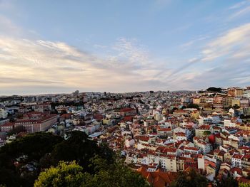 High angle shot of townscape against sky