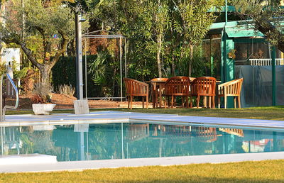 Swimming pool by lake