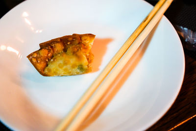 High angle view of food in plate on table