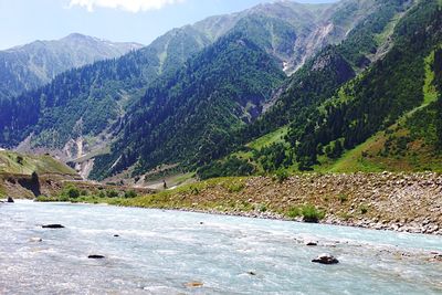 Scenic view of river and mountains