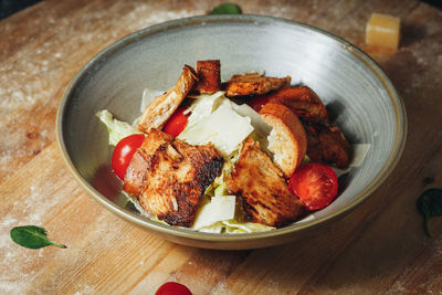 High angle view of food in plate on table