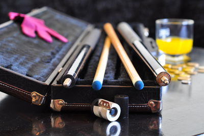 High angle view of objects on table