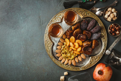 Directly above shot of dried food in plate on table