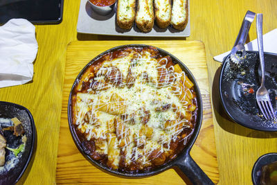 High angle view of pizza on table