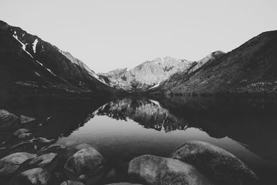 Scenic view of lake and mountains against clear sky
