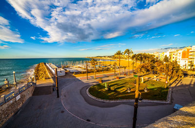 High angle view of townscape against sky during sunset