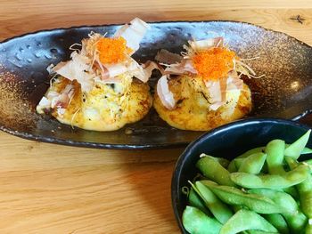 High angle view of meal served on table