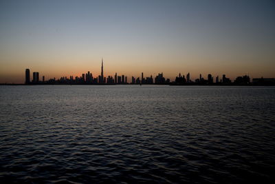 Silhouette of buildings in city during sunset