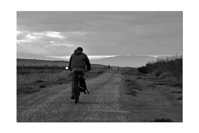 Rear view of man riding bicycle on road