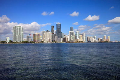 View of the city of miami over the ocean on the way onto key biscayne in miami, florida.