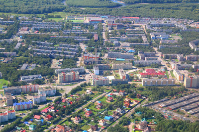 High angle view of buildings in town