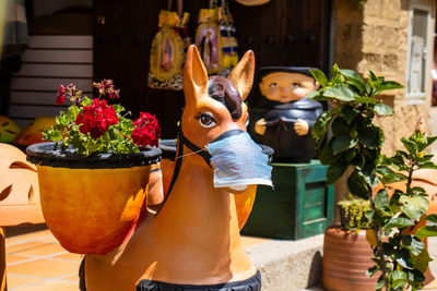 Ceramic donkey wearing a face mask at the beautiful small town of raquira. the city of pots.