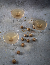 High angle view of wine glasses on glass