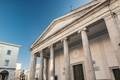 Low angle view of historical building against clear blue sky