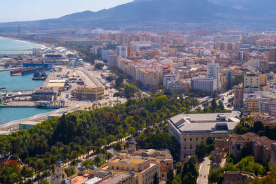 High angle view of buildings in town