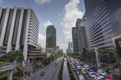 Panoramic view of city street and buildings against sky