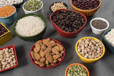 High angle view of food in bowls on table